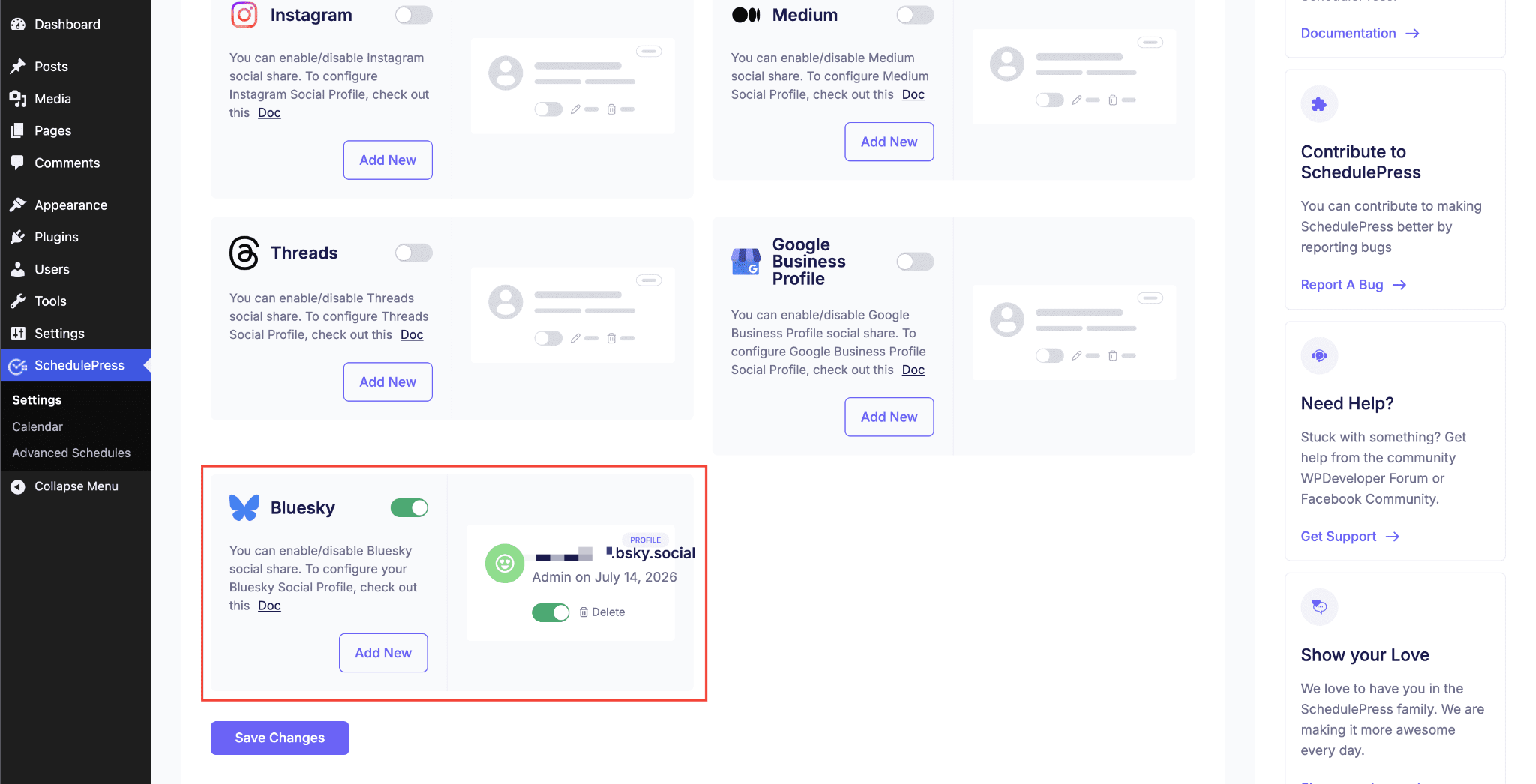 How to Automatically Share WordPress Posts on Bluesky with SchedulePress? 4 Connected Bluesky profile card with both toggles enabled and 'Save Changes' highlighted