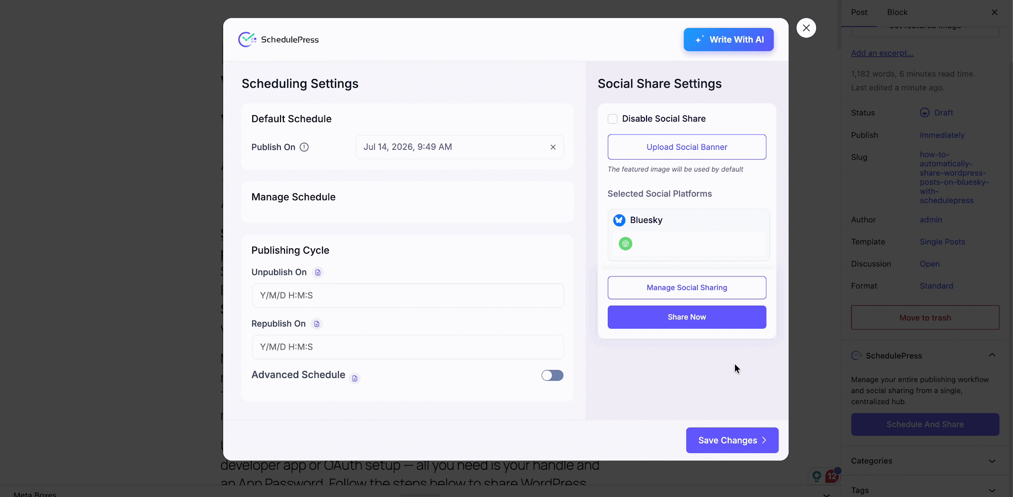 How to Automatically Share WordPress Posts on Bluesky with SchedulePress? 7 Manage Social Sharing modal, Bluesky tab, with character counter and live preview