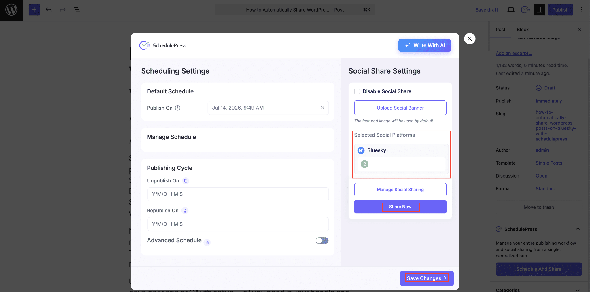 How to Automatically Share WordPress Posts on Bluesky with SchedulePress? 6 Schedule And Share panel with Bluesky selected under Selected Social Platforms