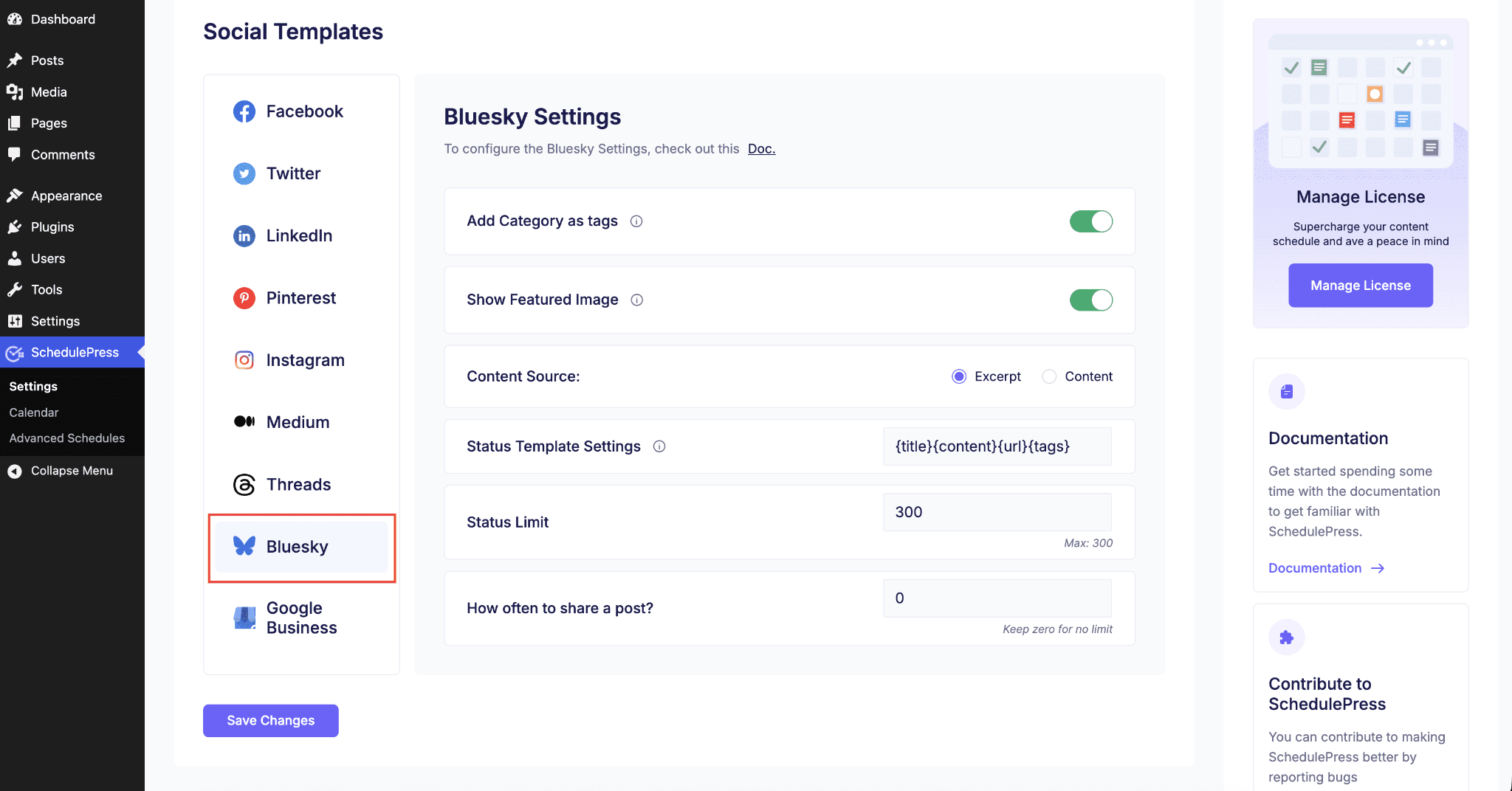 How to Automatically Share WordPress Posts on Bluesky with SchedulePress? 5 Social Templates tab with the Bluesky template configured