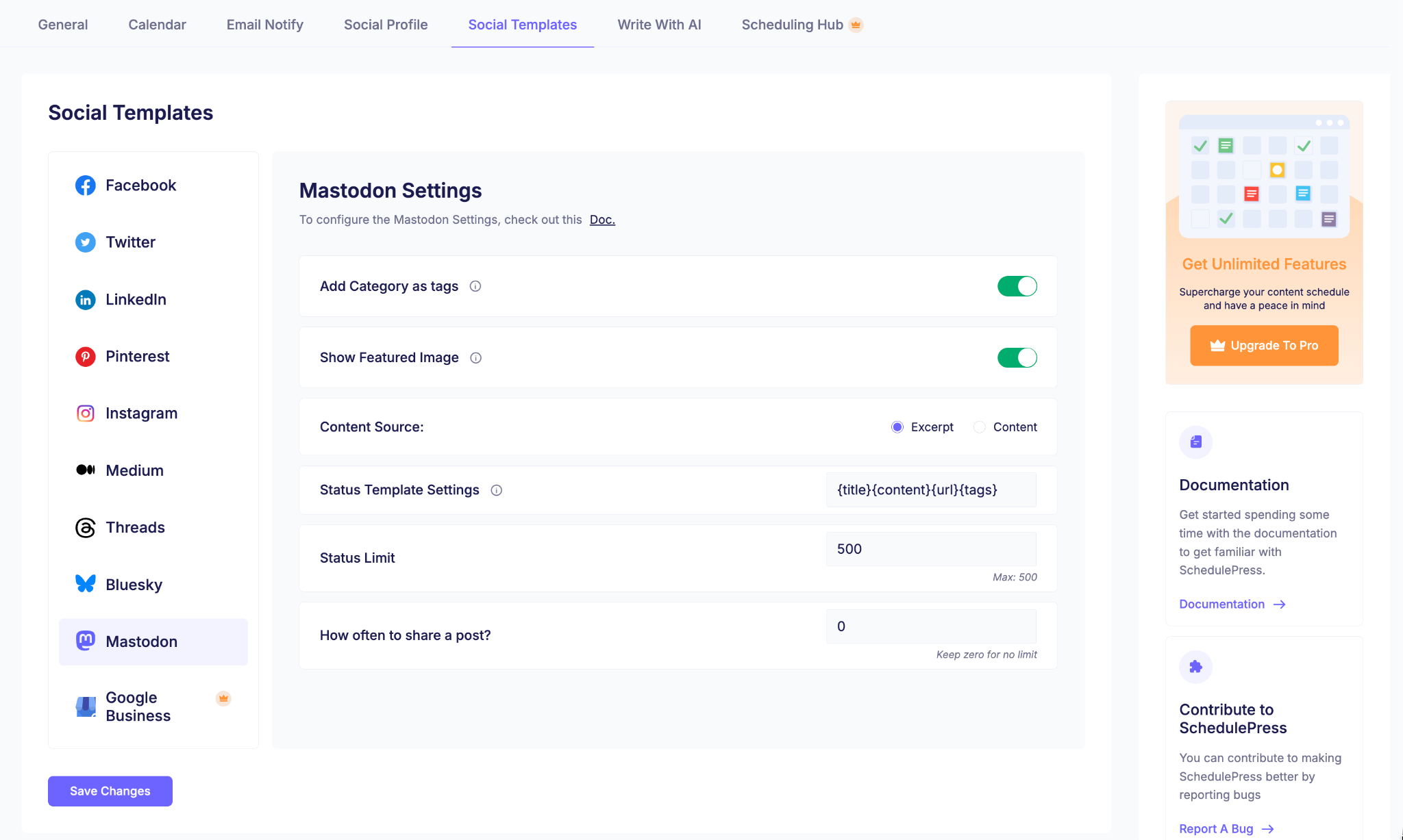 How to Automatically Share WordPress Posts on Mastodon with SchedulePress? 6 Social Templates tab with the Mastodon template configured