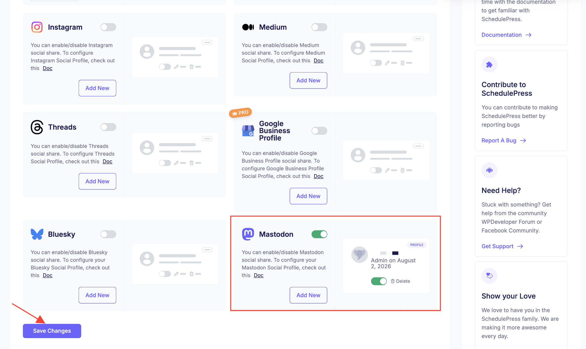 How to Automatically Share WordPress Posts on Mastodon with SchedulePress? 5 Connected Mastodon profile card with both toggles enabled and 'Save Changes' highlighted
