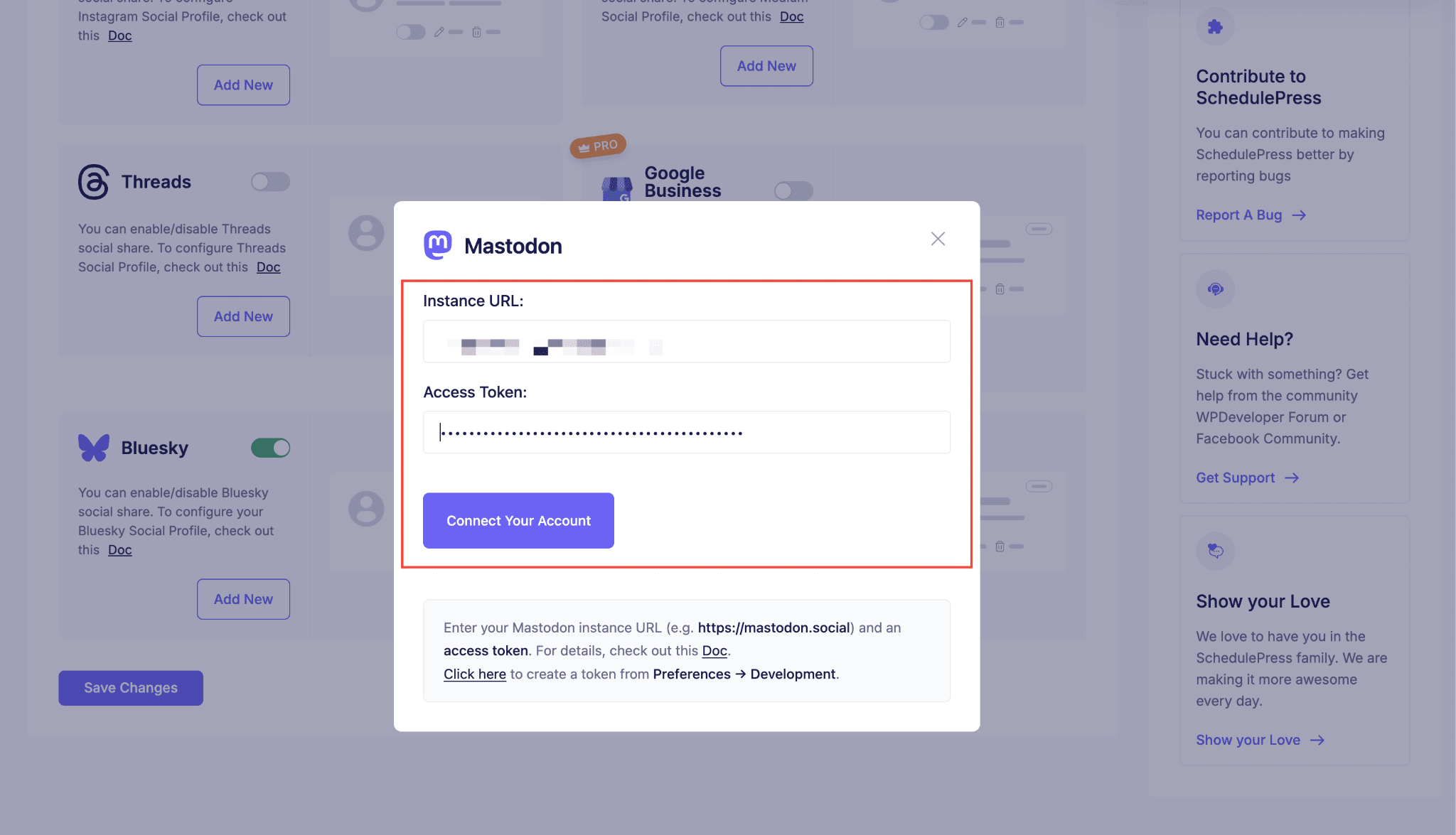 How to Automatically Share WordPress Posts on Mastodon with SchedulePress? 4 Mastodon connect pop-up with Instance URL, Access Token and 'Connect Your Account' button