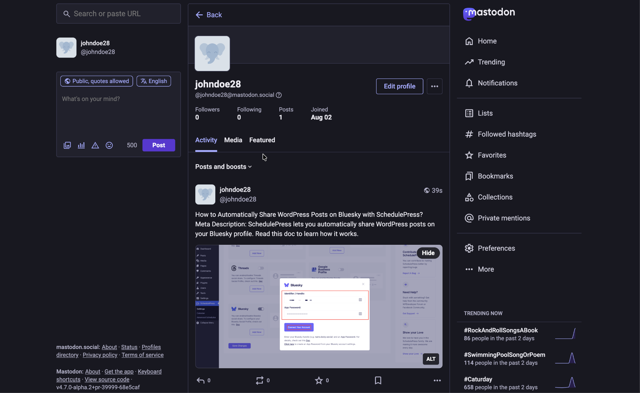 How to Automatically Share WordPress Posts on Mastodon with SchedulePress? 9 A real post on a Mastodon timeline shared from SchedulePress, with the source link highlighted
